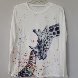 Giraffe Graphic Tee Shirt Womens XL L/S Colorful Art To Wear Animal Print